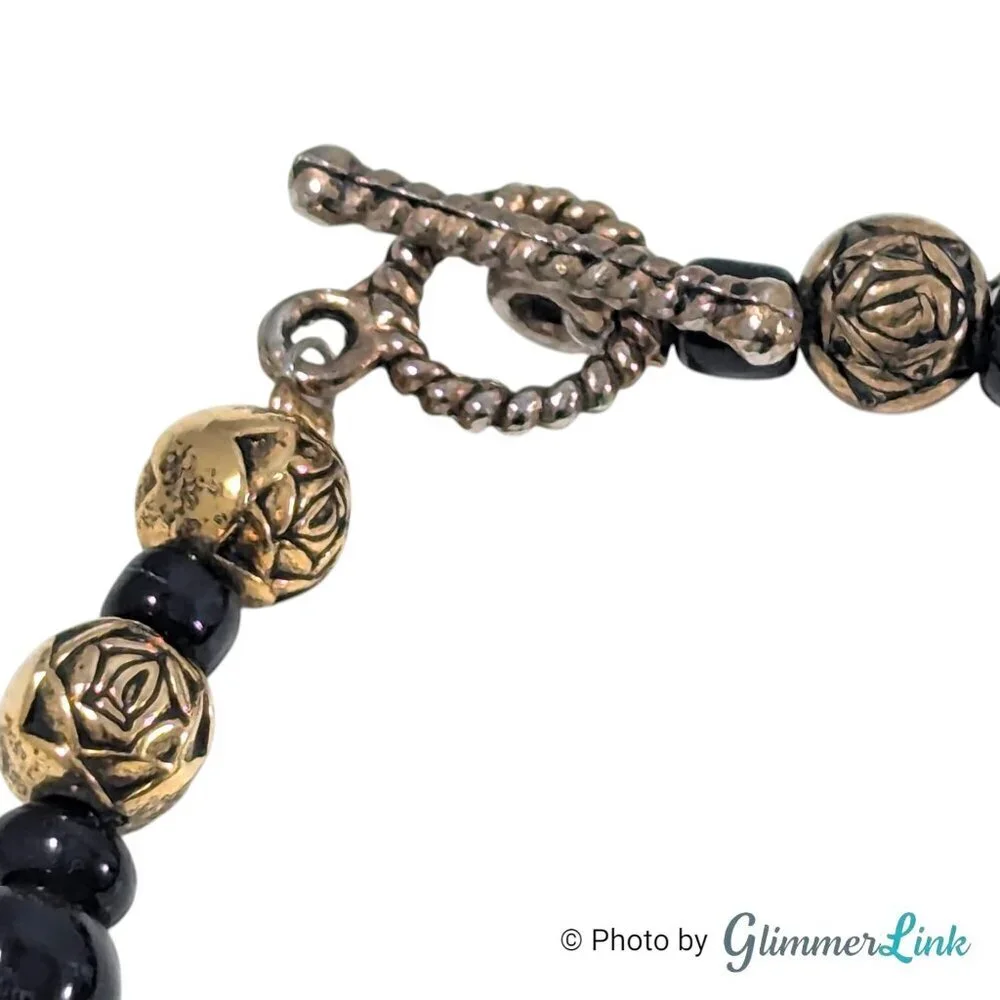 Vintage Black Gold Tone Beaded Bracelet Tulip and Rose Beads